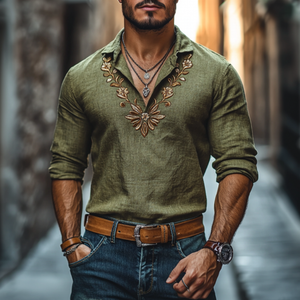 Camisa informal de lino con solapa y bordado floral, corte entallado y manga larga para hombre
