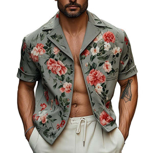 Chaqueta estilo camisa de manga corta con estampado floral para hombre