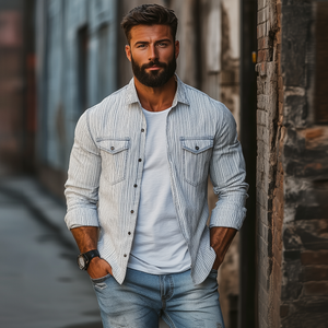 Men's Casual Comfort Cotton Linen Striped Lapel Chest Pocket Loose Long Sleeve Shirt