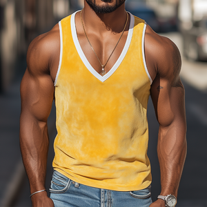 Camiseta sin mangas de gamuza con cuello en V profundo y costuras de colores brillantes para hombre, estilo informal y de moda de verano