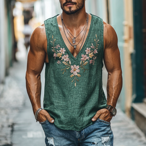 Camiseta sin mangas informal de lino con cuello en V profundo y bordado de flores para hombre