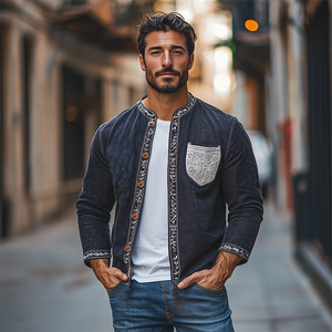 Camisa de manga larga de algodón y lino con empalme de encaje retro de moda de primavera para hombre