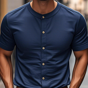 Camisa informal de algodón de manga corta, cuello redondo y botonadura sencilla para hombre