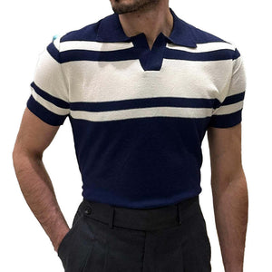 Camisa polo de manga corta a rayas con solapa de punto para hombre