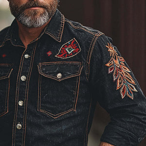 Camisa vaquera de manga larga bordada vintage para hombre