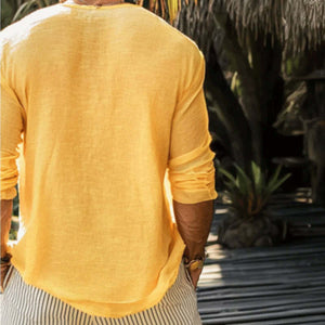 Camiseta informal de algodón y lino para hombre, cuello redondo, manga larga y holgada