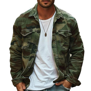 Chaqueta de solapa retro de lona de camuflaje para hombre