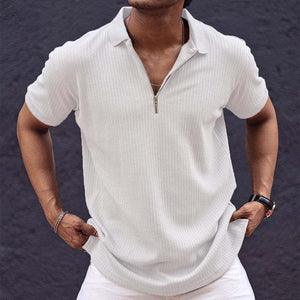 Camiseta retro informal de manga corta con cuello y cremallera de color liso para hombre