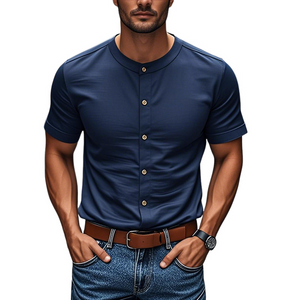 Camisa informal de algodón de manga corta, cuello redondo y botonadura sencilla para hombre