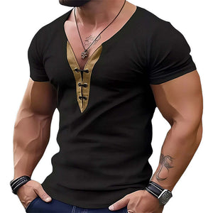 Camiseta de manga corta ajustada con cuello en V y parches de cuero para hombre