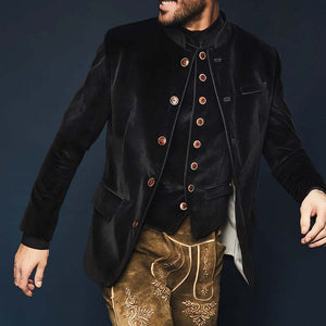 Chaqueta entallada de terciopelo con cuello alto y botonadura sencilla para hombre, color negro