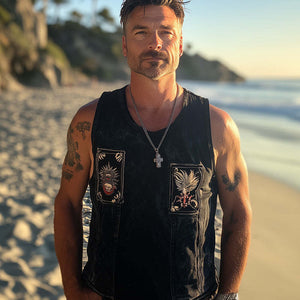 Camiseta sin mangas de mezclilla desgastada, lavada y bordada, estilo retro de verano para hombre