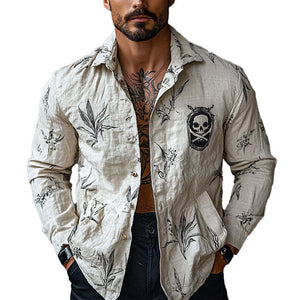 Camisa de manga larga con solapa y estampado pirata para hombre