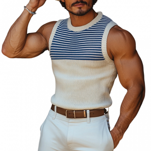 Camiseta sin mangas de punto ajustada a rayas azul marino con cuello redondo informal para hombre