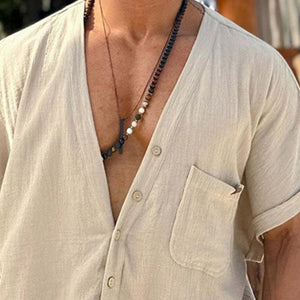 Camisa de manga corta con cuello en V de algodón y lino para hombre