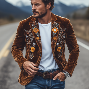 Klassischer, einreihiger Retro-Slim-Fit-Blazer für Herren mit Samtstickerei