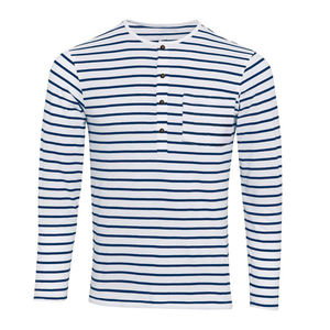 Camiseta informal de manga larga con cuello Henley a rayas para hombre