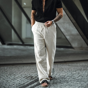 Herrenhose aus Baumwolle und Leinen mit mittlerer Taille und gerader Passform