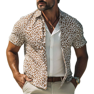 Men's Summer Fashion Giraffe Texture Print Casual Short Sleeve Shirt