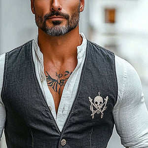 Chaleco vintage con cuello en V y estampado de calavera para hombre