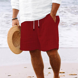 Pantalones cortos de playa a rayas de algodón y lino con cordón para hombre
