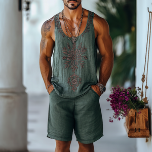 Herren Casual Leinen Blumenstickerei U-Ausschnitt Lockeres Tanktop Shorts Set
