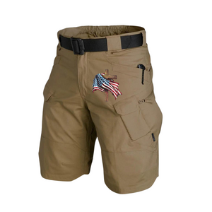 Pantalones cortos cargo tácticos de alto rendimiento con múltiples bolsillos y cintura de 11 pulgadas con bandera de EE. UU. Cinturón sin hebilla