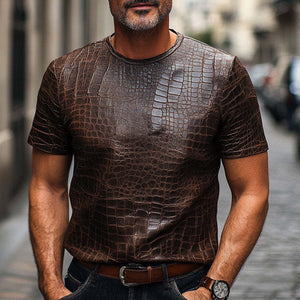 Braunes Herren-Kurzarm-T-Shirt aus PU-Leder mit Krokodilstruktur