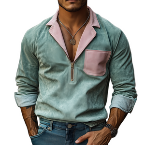 Camisa informal de manga larga de gamuza con solapa, cremallera y costuras de colores contrastantes para hombre, moda de primavera