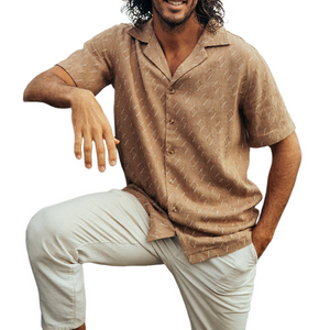 Camisa clásica informal de algodón y lino con cuello cubano para hombre, manga corta