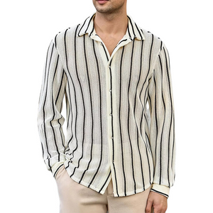 Camisa informal de manga larga de punto con rayas verticales transpirable para hombre