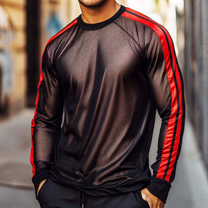 Camiseta deportiva e informal de manga larga con cuello redondo y rayas de malla y protector solar para hombre