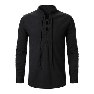 Camisa informal de manga larga con cordones de algodón y lino para hombre
