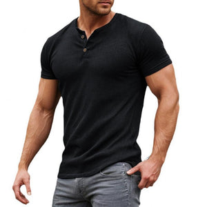 Camiseta informal de manga corta con cuello Henley, de mezcla de algodón liso y corte ajustado para hombre
