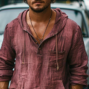 Sudadera con capucha vintage de algodón y lino con bolsillo en el pecho para hombre