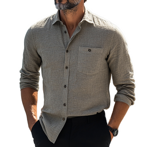 Camisa informal de manga larga de algodón y lino gris, agradable para la piel, para hombre