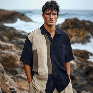 Camisa informal de manga corta arrugada de seda helada a juego con el color de la piel para hombre