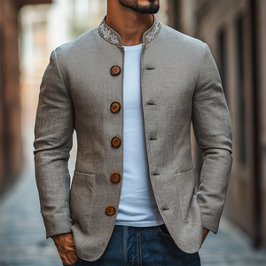 Chaqueta clásica retro informal de cuello alto bordada de algodón y lino fino para hombre