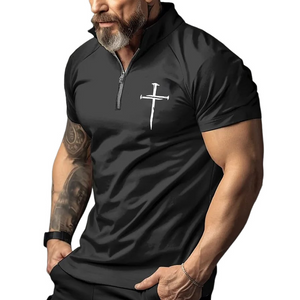 Camiseta de manga corta con cremallera y estampado cruzado retro informal para hombre