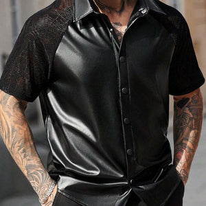 Camisa de cuero de manga corta con panel de encaje para hombre