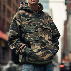 Sudadera con capucha de manga larga con bolsillo y solapa y estampado de camuflaje vintage para hombre