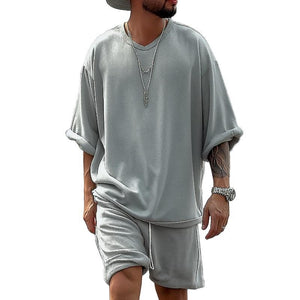 Conjunto casual de camiseta y pantalones cortos de manga corta con cuello en V holgado para hombre