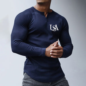 CAMISETA DE MANGA LARGA CON CUELLO HENLEY Y GRÁFICO WAFFLE DE EE. UU.
