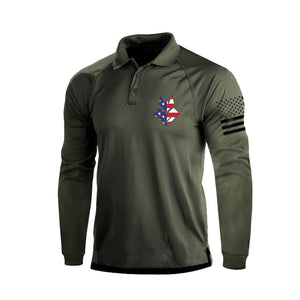 POLO DE MANGA LARGA RAGLÁN CON BOTÓN 1/4 Y ESTAMPADO DE BANDERA DE EE. UU. DEFORMEDV