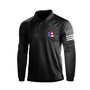 POLO DE MANGA LARGA RAGLÁN CON BOTÓN 1/4 Y ESTAMPADO DE MANZANA Y BANDERA DE EE. UU.
