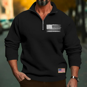 SUDADERA CASUAL CON CUELLO DEPORTIVO Y CREMALLERA SUELTA PARA HOMBRE CON BANDERA DE EE. UU.