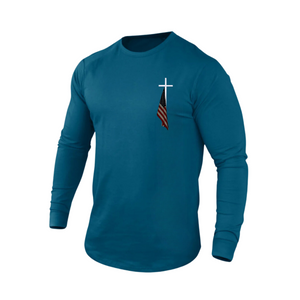 CAMISETA DE MANGA LARGA 100 % ALGODÓN CON ESTAMPADO DE BANDERA DE EE. UU.