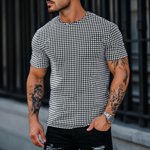 Camiseta informal de manga corta y cuello redondo con estampado de pata de gallo para hombre