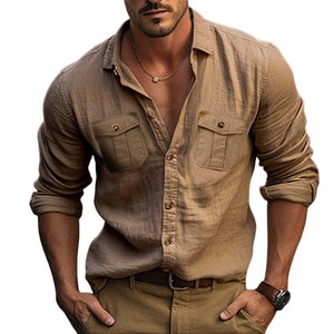 Camisa de manga larga de algodón y lino con doble bolsillo en color liso para hombre