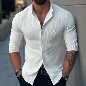 Men's Solid Color Stand Collar Long Sleeve Casual Shirt
